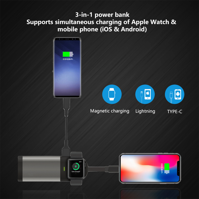 mfi 3 in 1 Ultra Thin Small magnetic Power bank with Cable丨MSH
