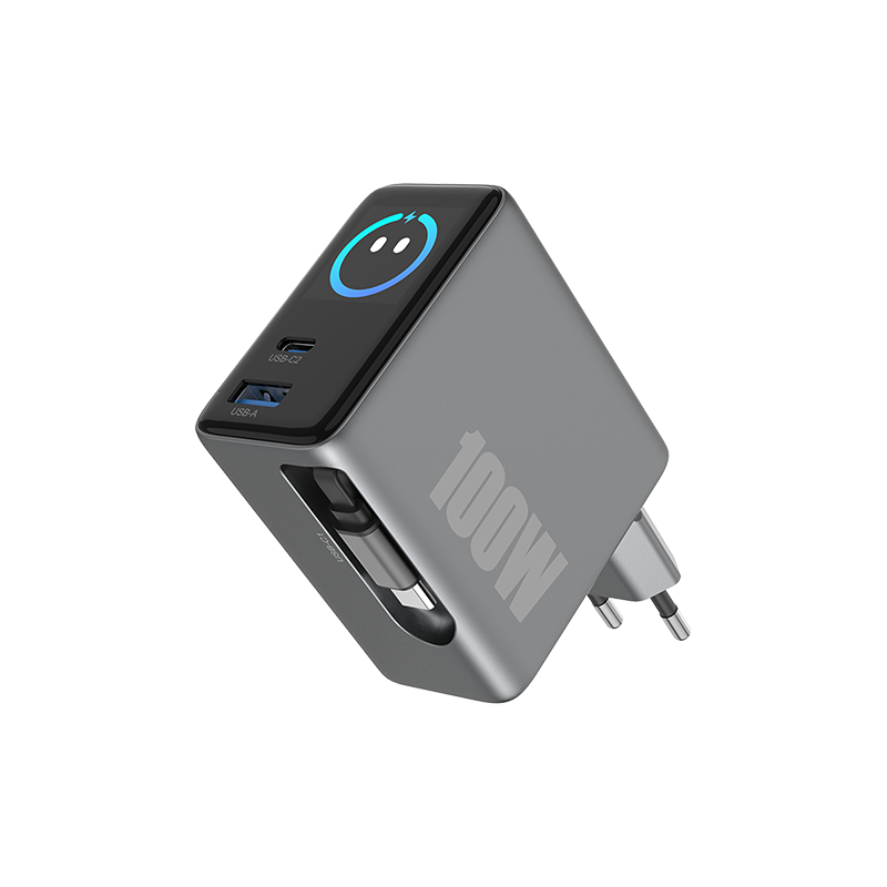 100W TFT display GaN Charger with Retractable Cable 
